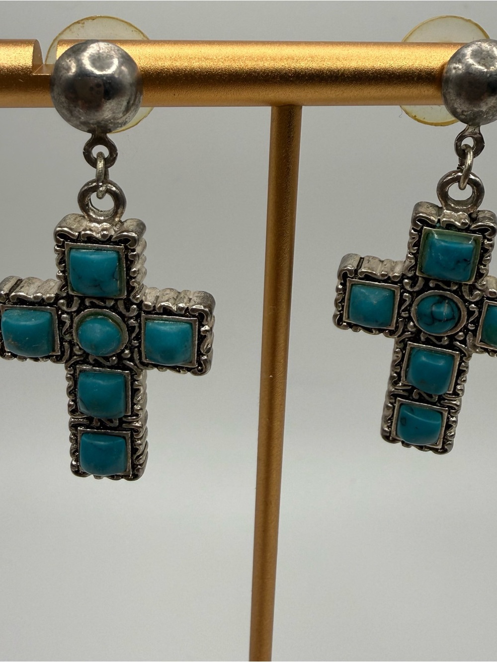 Turquoise Cross Drop Earrings in Silver Tone - Unbranded